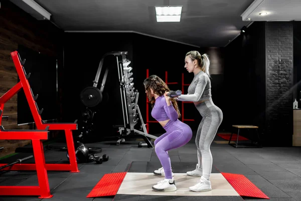 Duas Jovens Mulheres Fazendo Exercícios Com Barra Ginásio — Fotografia de Stock