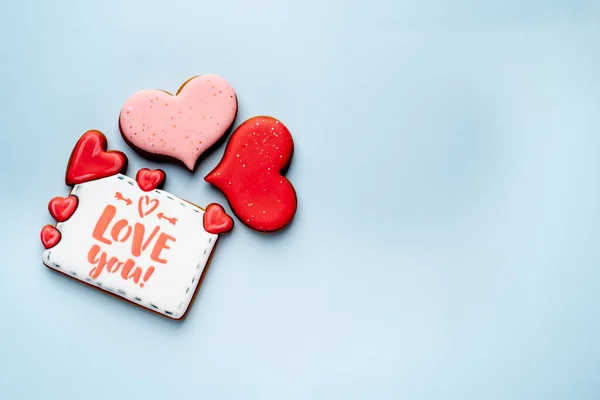 Valentines Day Card Hearts Red Heart Blue Background — Stock Photo, Image