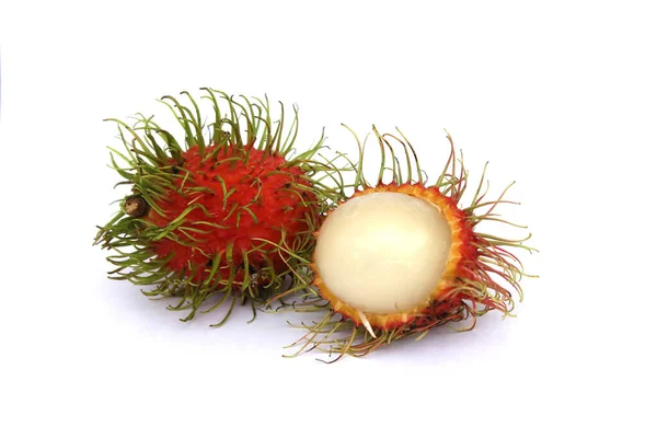 Sweet Rambutans Peeled Placed Separately White Background Revealing Pulp Fruit — Stock Photo, Image