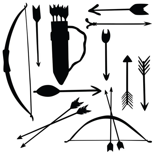 Ilustração vetorial de silhuetas de diferentes arcos e flechas — Vetor de Stock