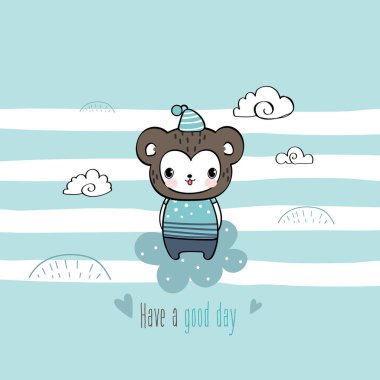 Sevimli maymun evcil hayvan çizimleri. Basit bir kostüm giymiş el çizimi. Komik ve eğlenceli bir yüz ifadesi.