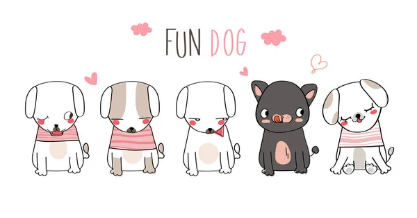 かわいい犬ペットの絵手描きペットシンプルなパターンの衣装を着てジェスチャー面白いと楽しいシームレスなパターンとイラストでカラフルな顔の笑顔 — ストックベクタ