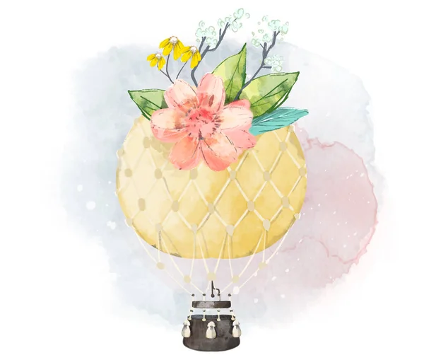 Χέρι Ζωγραφισμένα Ακουαρέλα Τροπικό Μπαλόνι Τέχνης Ένα Υποκατάστημα Τροπικά Λουλούδια — Διανυσματικό Αρχείο