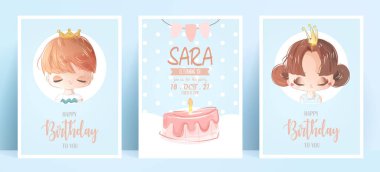 Tebrik kartı, dekor, kitap, kağıt, kalıp, baskı ve sanat eserleri için çocukların doğum günü kartı suluboya çizimleri.