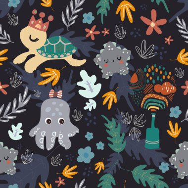 Kusursuz desenli pop sanat koleksiyonu balina ve ay elementleriyle Bohem tarzı