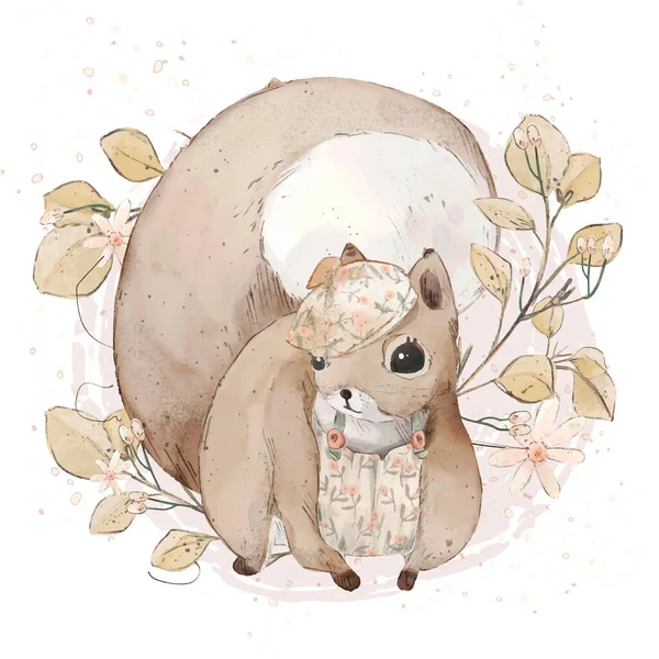 Illustration Watercolor Squirrel Blumen Blatt Stern Und Natürliches Hand Drawn — Stockvektor