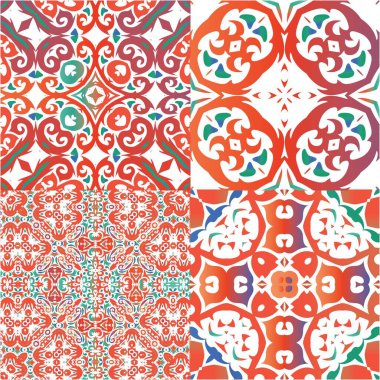 Antik süslü fayanslar Talavera Mexico. Grafik tasarımı. Bir dizi vektörsüz şablon. Tişört, hatıra defteri, çarşaf, akıllı telefon çantaları veya çantalar için kırmızı etnik altyapı.