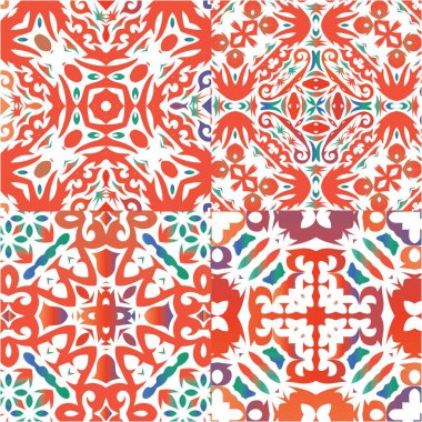 Antik Meksika Talavera seramiği. Minimum tasarım. Vektör aralıksız desenler. Albüm defteri, akıllı telefon kılıfları, tişörtler, çantalar ve çarşaflar için kırmızı ve soyut dekoru.