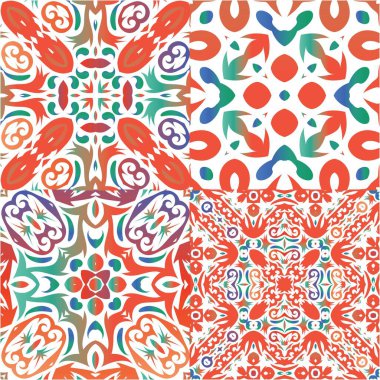 Meksika yapımı talavera fayansları. Vektörsüz desenlerin toplanması. Mutfak tasarımı. Yastıklar, baskılar, duvar kağıtları, ağ arkaplanı, havlular, yüzey dokusu için kırmızı antika arkaplanlar.