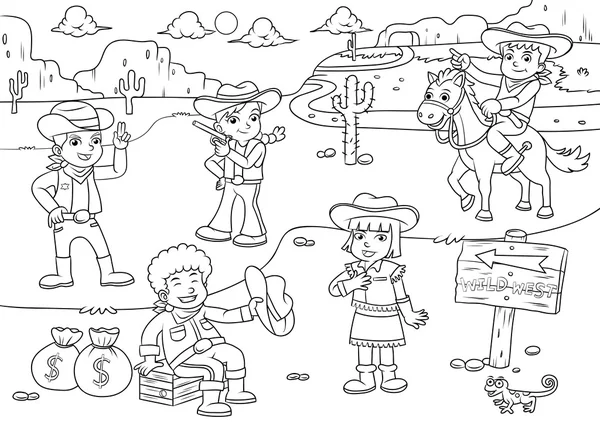 Ilustración de dibujos animados de niños vaqueros del oeste salvaje para colorear . — Vector de stock