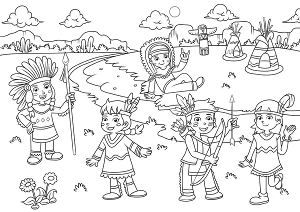 Ilustrace red indian Cartoon pro barvení — Stockový vektor