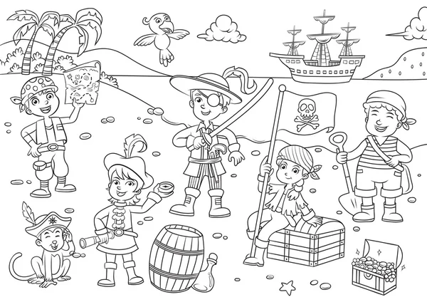 Ilustrasi kartun anak bajak laut untuk mewarnai - Stok Vektor