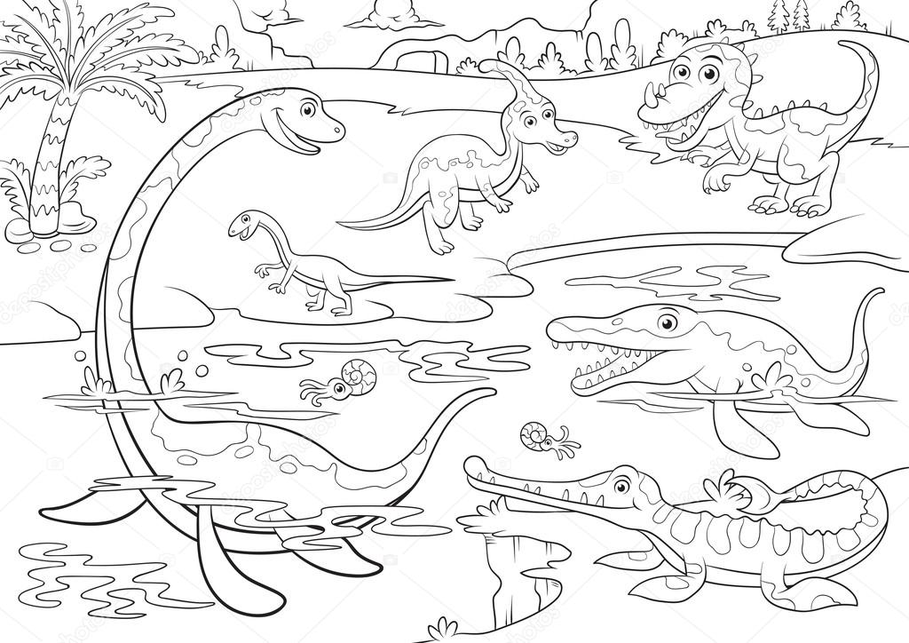 Vetores de Conjunto De Dinossauros De Desenho Animado Para Colorir