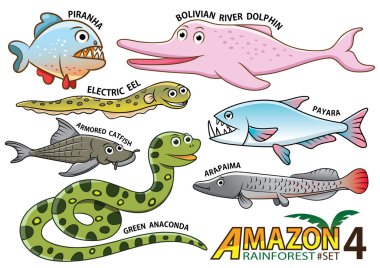 Sevimli çizgi hayvanlar ve kuşlar Sou Amazon alanlarında kümesi