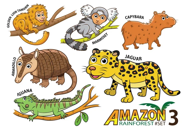 Sevimli çizgi hayvanlar ve kuşlar Sou Amazon alanlarında kümesi