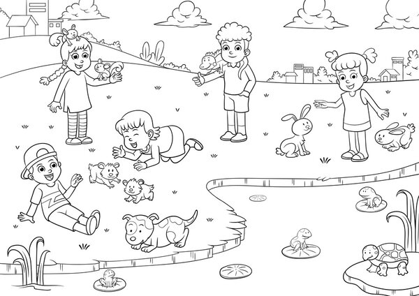 Child and pet cartoon for coloring Royalty Free Stock Photos