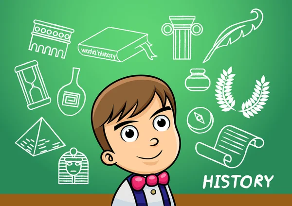 Školáka psát historii znamení objektu školní tabule. — Stockový vektor