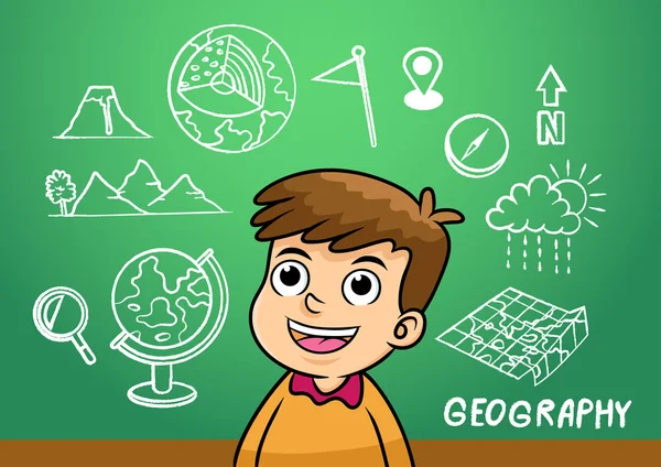 Escuela chico escribir geografía signo objeto en escuela pizarra — Vector de stock