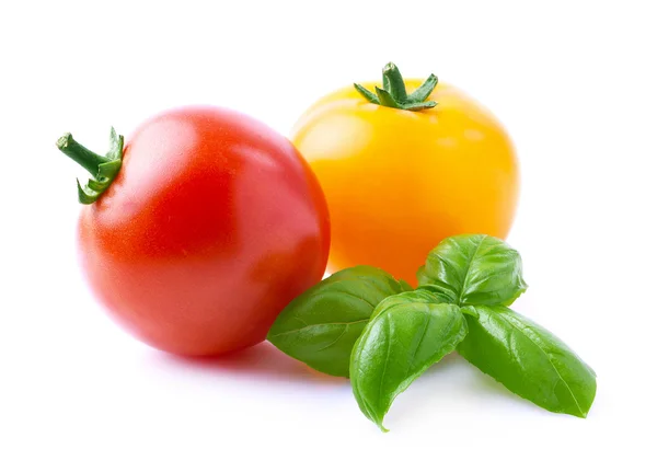 Tomaten mit Basilikumblatt. — Stockfoto
