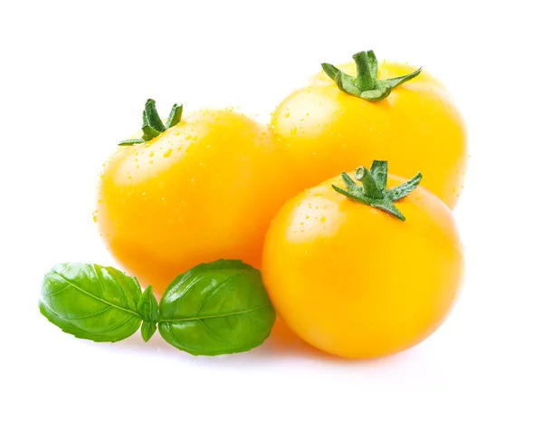Yellow tomatoes with basil. — Stock Photo, Image