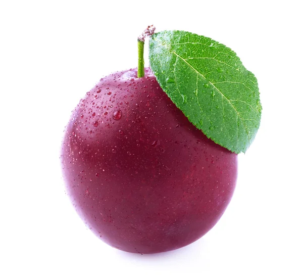 Ripe plum with leaf. — Stock Photo, Image