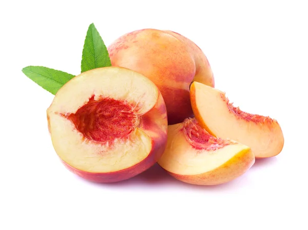 Ripe peach with leaf — Stock Photo, Image