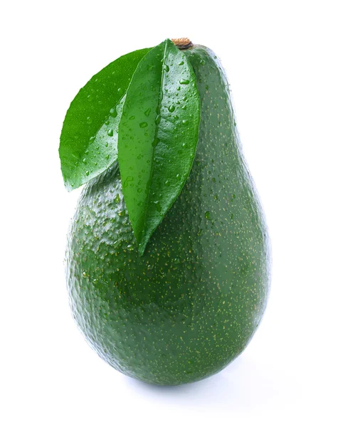 Ripe avocado with leaf on white. — Stock Photo, Image