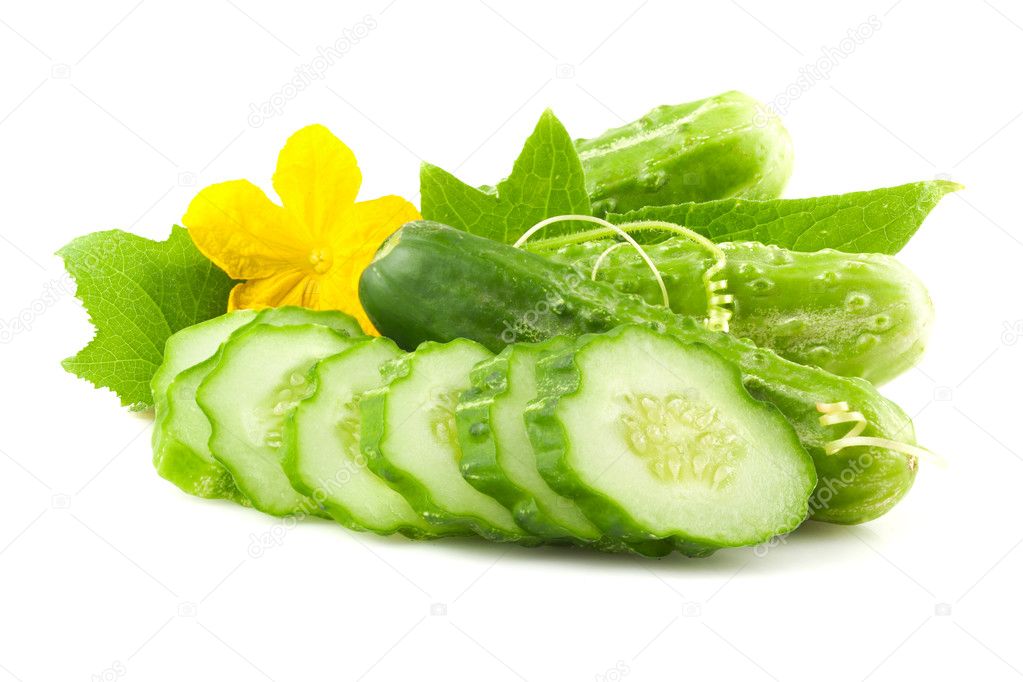 Fresh cucumbers with leaves.