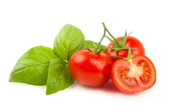Ripe cherry tomatoes and basil. Stock Photo