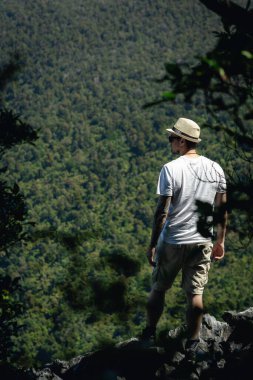 Ormanın ortasında doğaya hayran genç bir adam. Seyahat kavramı.