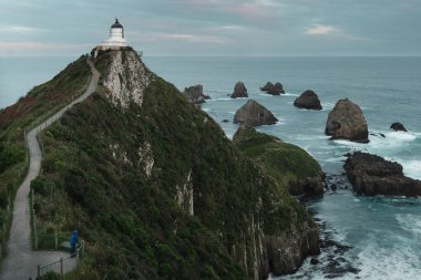 Nugget Point Deniz Feneri. Uçurumların muhteşem manzarası ve geçitteki bir insan. Otago, Yeni Zelanda