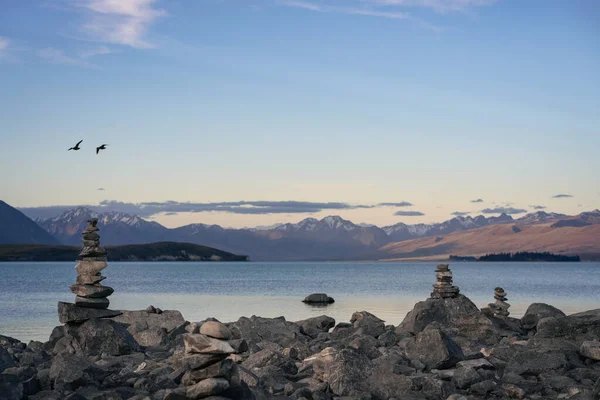 Balanceo Rocas Lago Tekapo Atardecer Nueva Zelanda Isla Sur — Foto de Stock