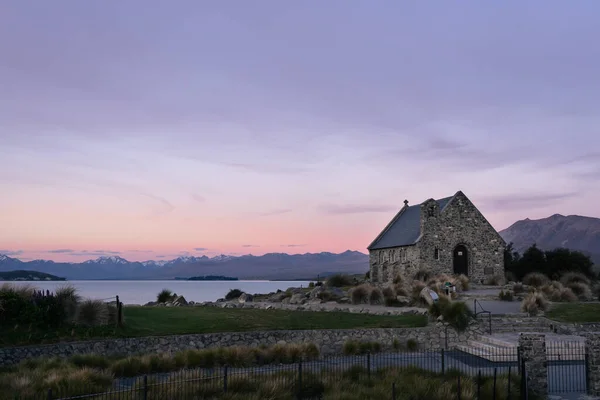 Historic Church of the Good Shepherd with amazing sunset landscape. Lake Tekapo, New Zealand.