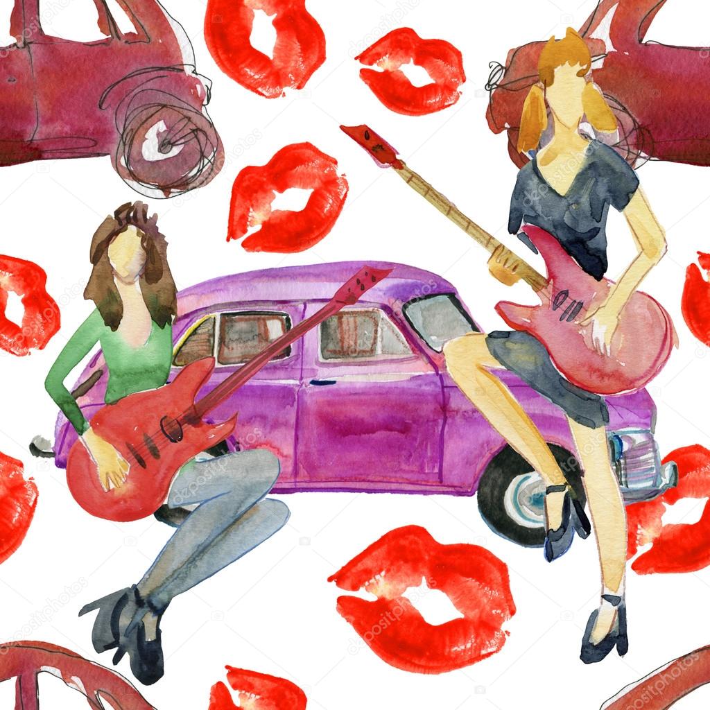 girls with gitar and retro car.