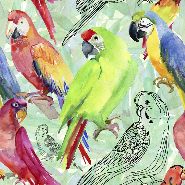 Watercolor Tropical Parrots Seamless Pattern — Stock Photo, Image