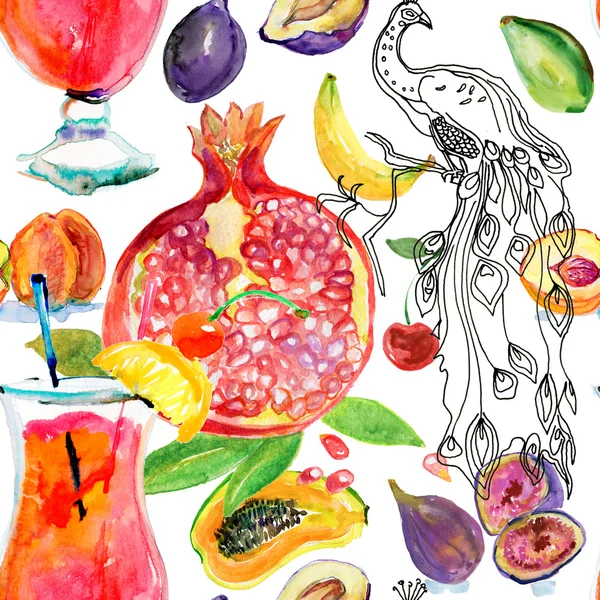 tropical fruits and birds seamless watercolor background.
