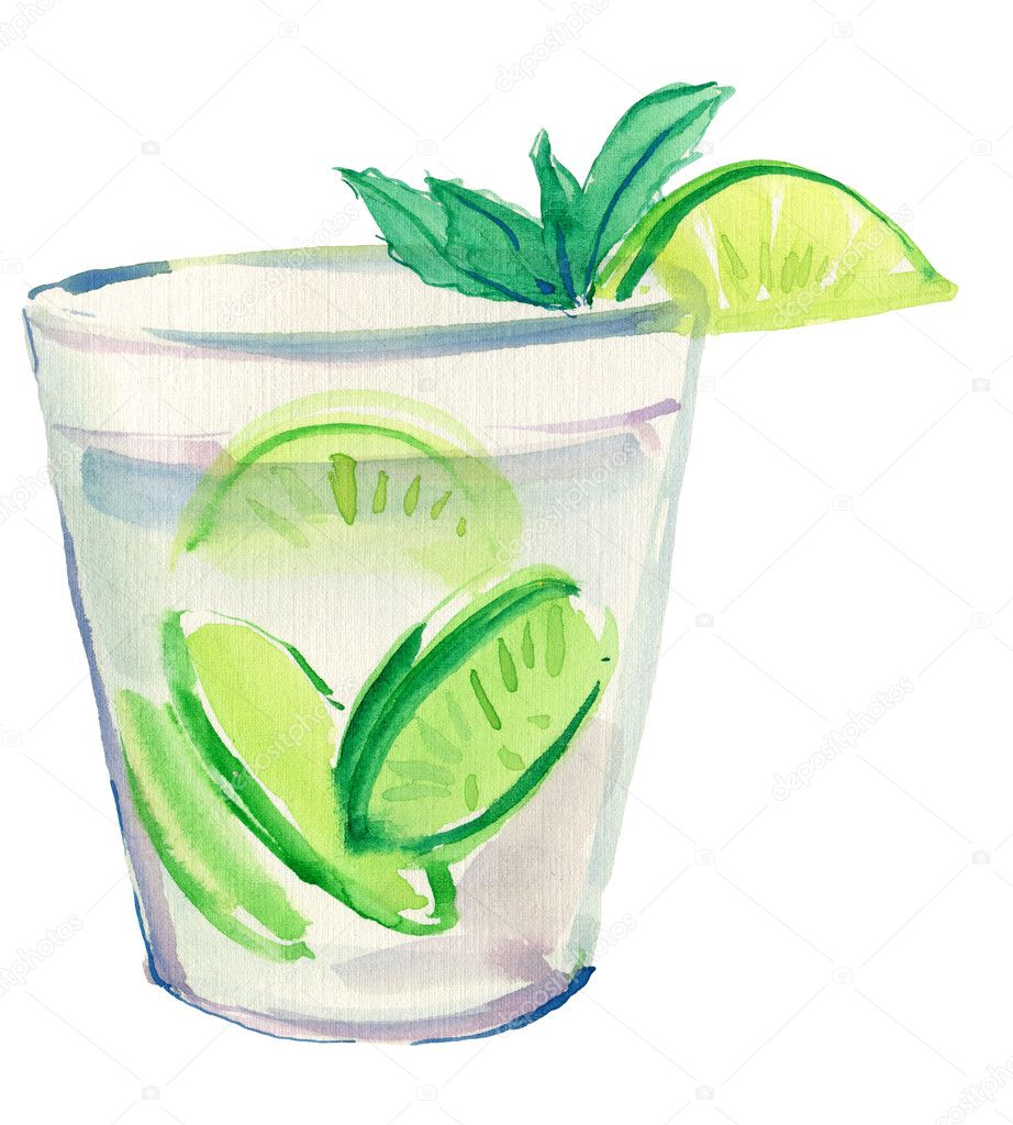 Glass of drink with mint and lime, watercolor illustration
