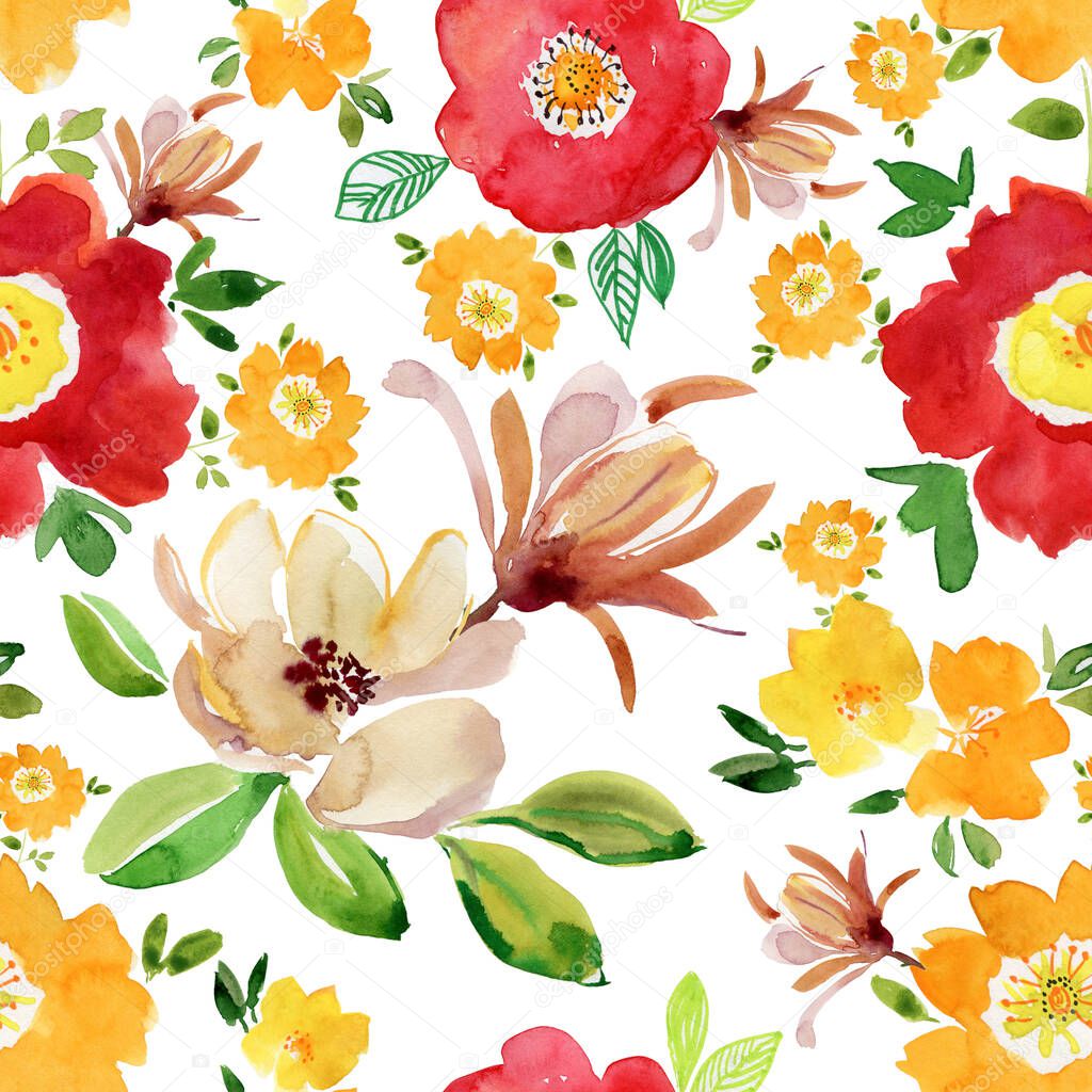 Seamless, Colorful Abstract Watercolor Floral Background. For backgrounds, textiles, wrapping papers, greeting cards.