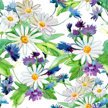 Watercolor wild flowers seamless pattern