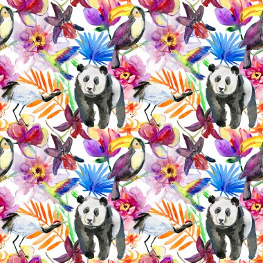 tropik çiçekler, kuşlar ve ayılar