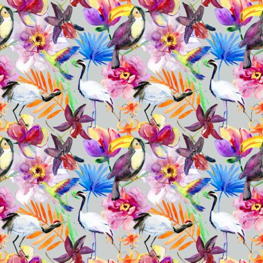 tropik çiçekler, kuşlar ve yaprakları.