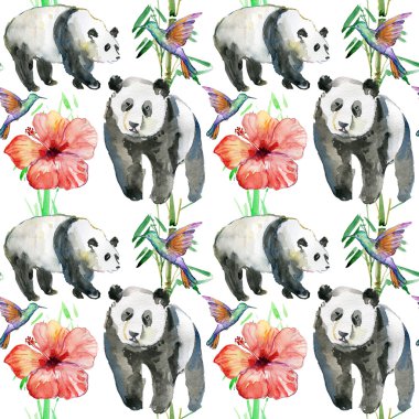 çiçekler, kuşlar ve panda ayıları