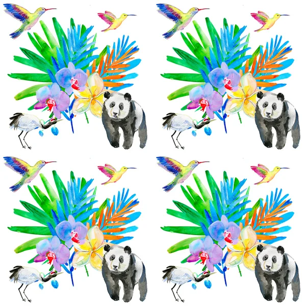 Pandas, tropical flowers and birds — Stock Photo, Image