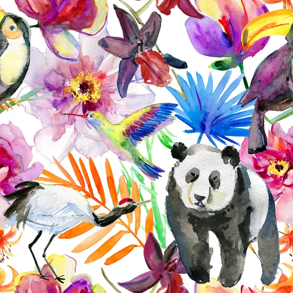 Çiçek, panda ve kuşlar. — Stok fotoğraf