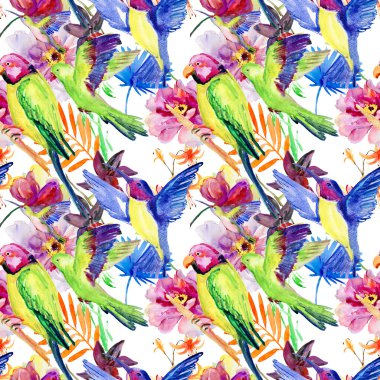 papağan ve çiçekler sorunsuz arka plan