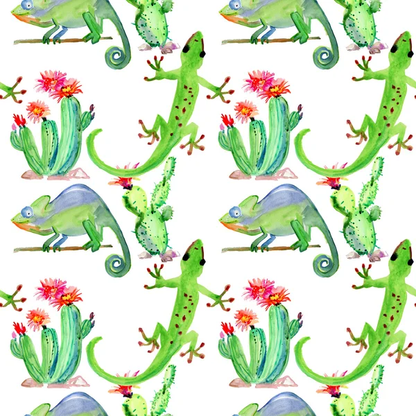 Watercolor background with lizard and chameleon — Stock Photo, Image