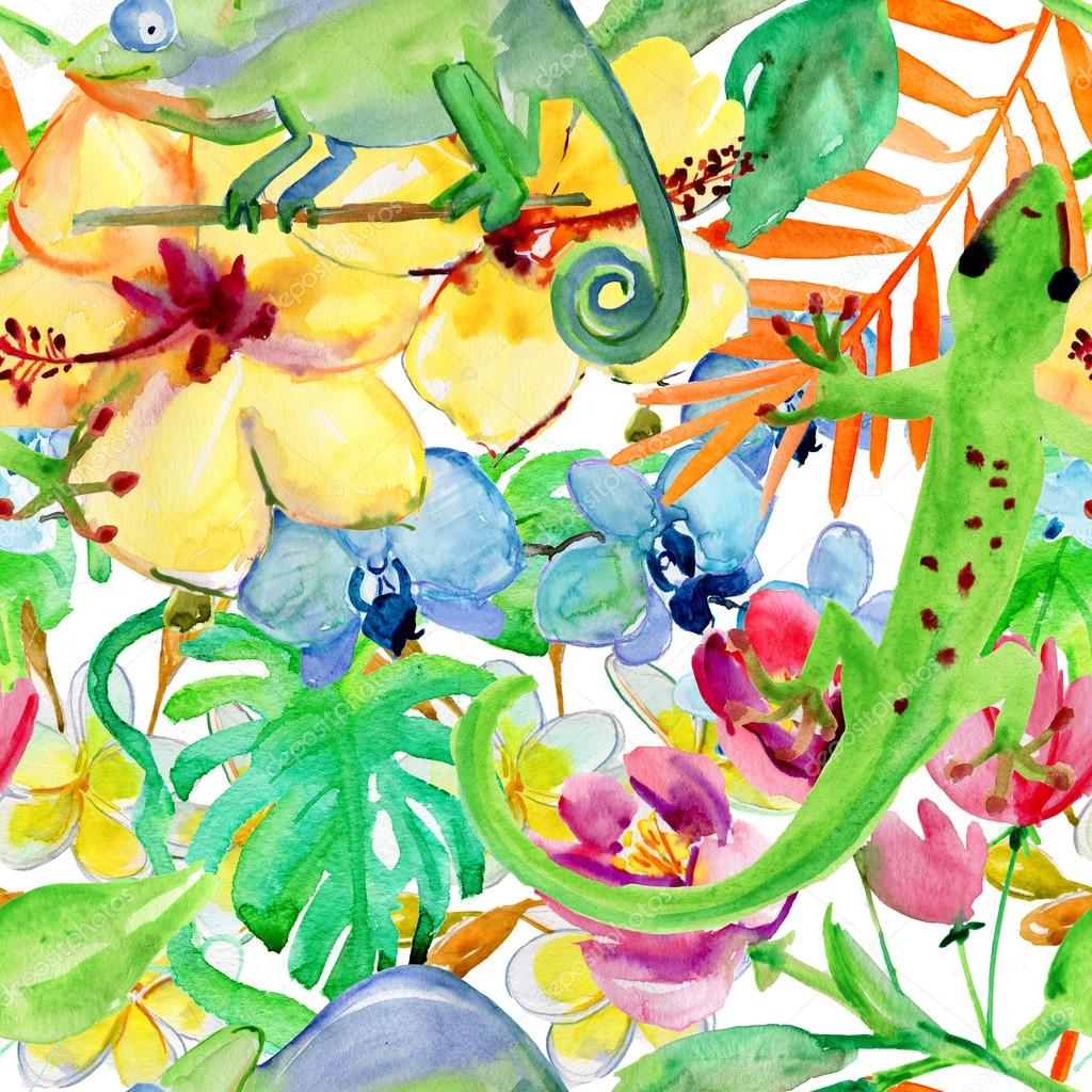 Watercolor background with lizard and chameleon