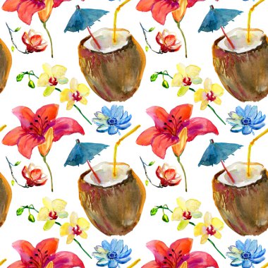 Hindistan cevizi kokteyl ve tropikal çiçek desenle