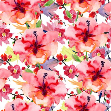 Güzel lily, orkide ve hibiscus çiçek deseni