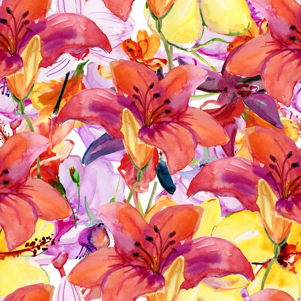 Beautiful Colorful Flowers Bouquet Seamless Pattern Watercolor Hand Painting Illustration — Stock Photo, Image